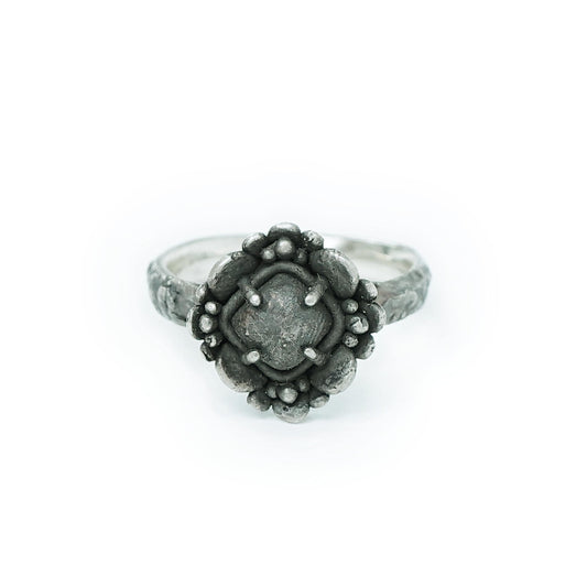 Dark Silver Ring with Symmetrical Petal Design | Timeworn Vintage Look | Artisan Floral Jewelry