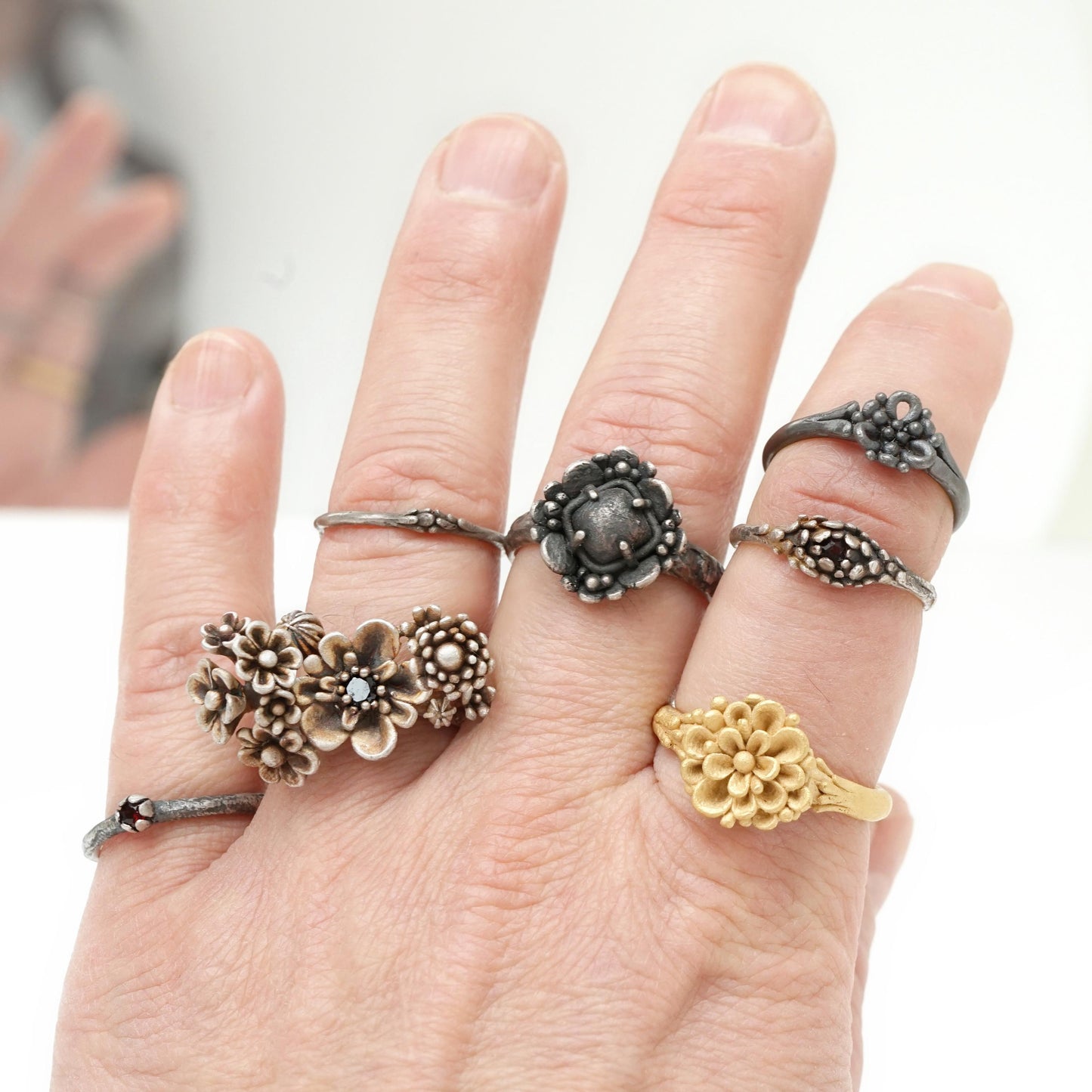Dark Silver Ring with Symmetrical Petal Design | Timeworn Vintage Look | Artisan Floral Jewelry