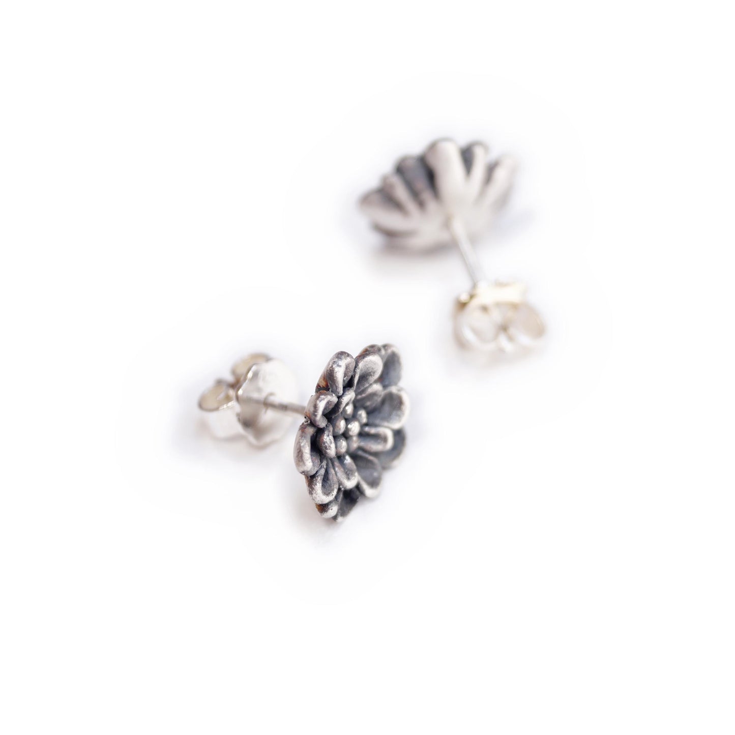 Sterling Silver Zinnia Flower Stud Earrings | Handcrafted Floral Jewelry