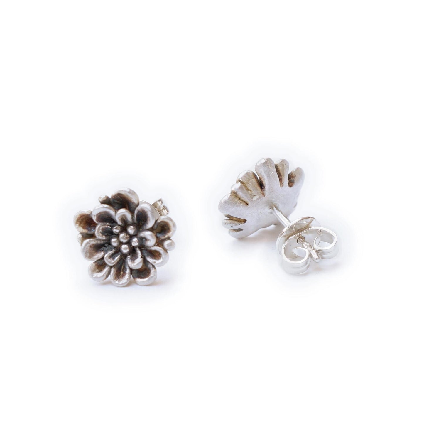 Sterling Silver Zinnia Flower Stud Earrings | Handcrafted Floral Jewelry