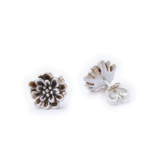 Sterling Silver Zinnia Flower Stud Earrings | Handcrafted Floral Jewelry