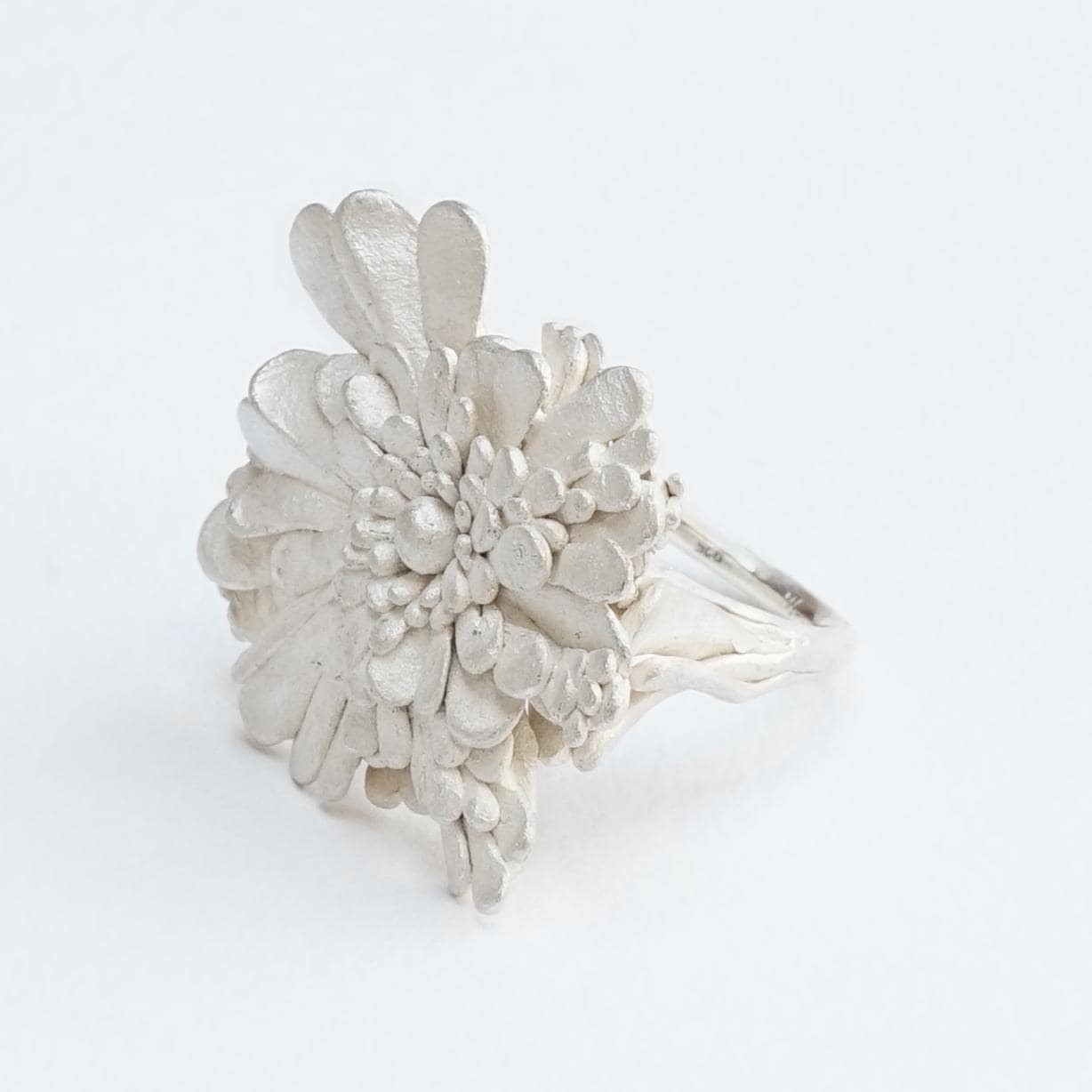 Handmade Whitened Sterling Silver Ring with Artist’s Fingerprint – Comfortable Unique Floral Statement Ring