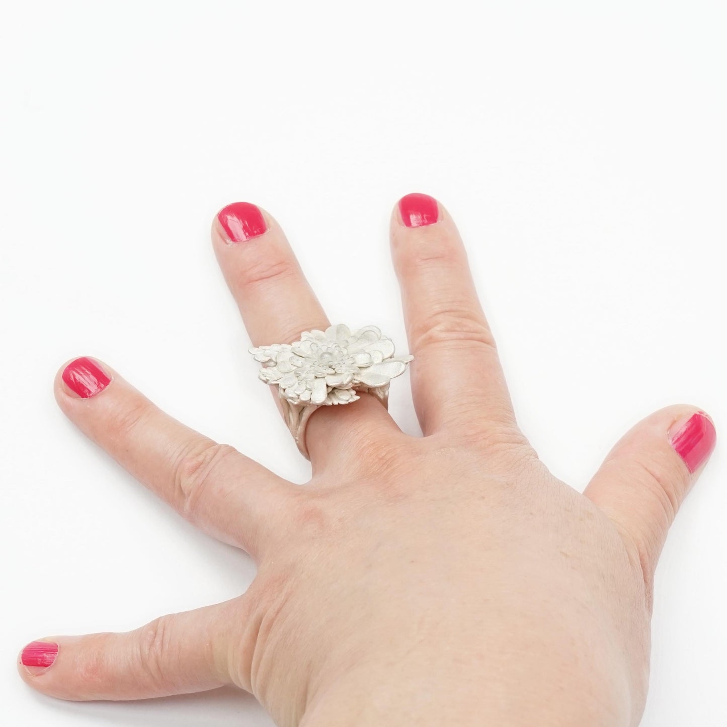 Handmade Whitened Sterling Silver Ring with Artist’s Fingerprint – Comfortable Unique Floral Statement Ring