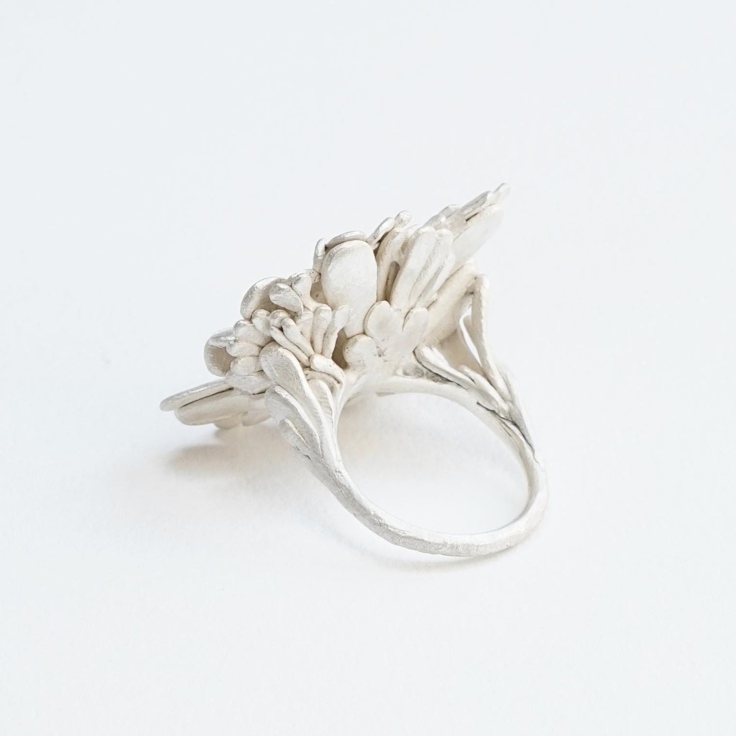 Handmade Whitened Sterling Silver Ring with Artist’s Fingerprint – Comfortable Unique Floral Statement Ring