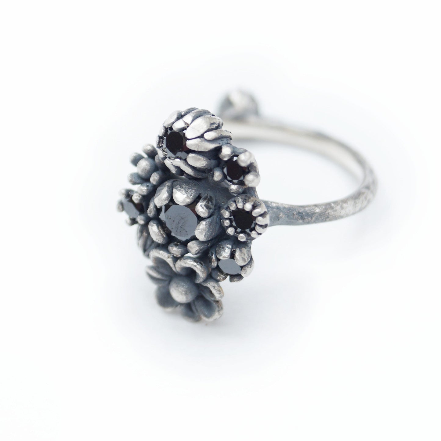 Floral Statement Ring with 6 Black Cubic Zirconia | Petal Setting | Elegant Ring with 9 Flowers