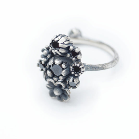 Floral Statement Ring with 6 Black Cubic Zirconia | Petal Setting | Elegant Ring with 9 Flowers