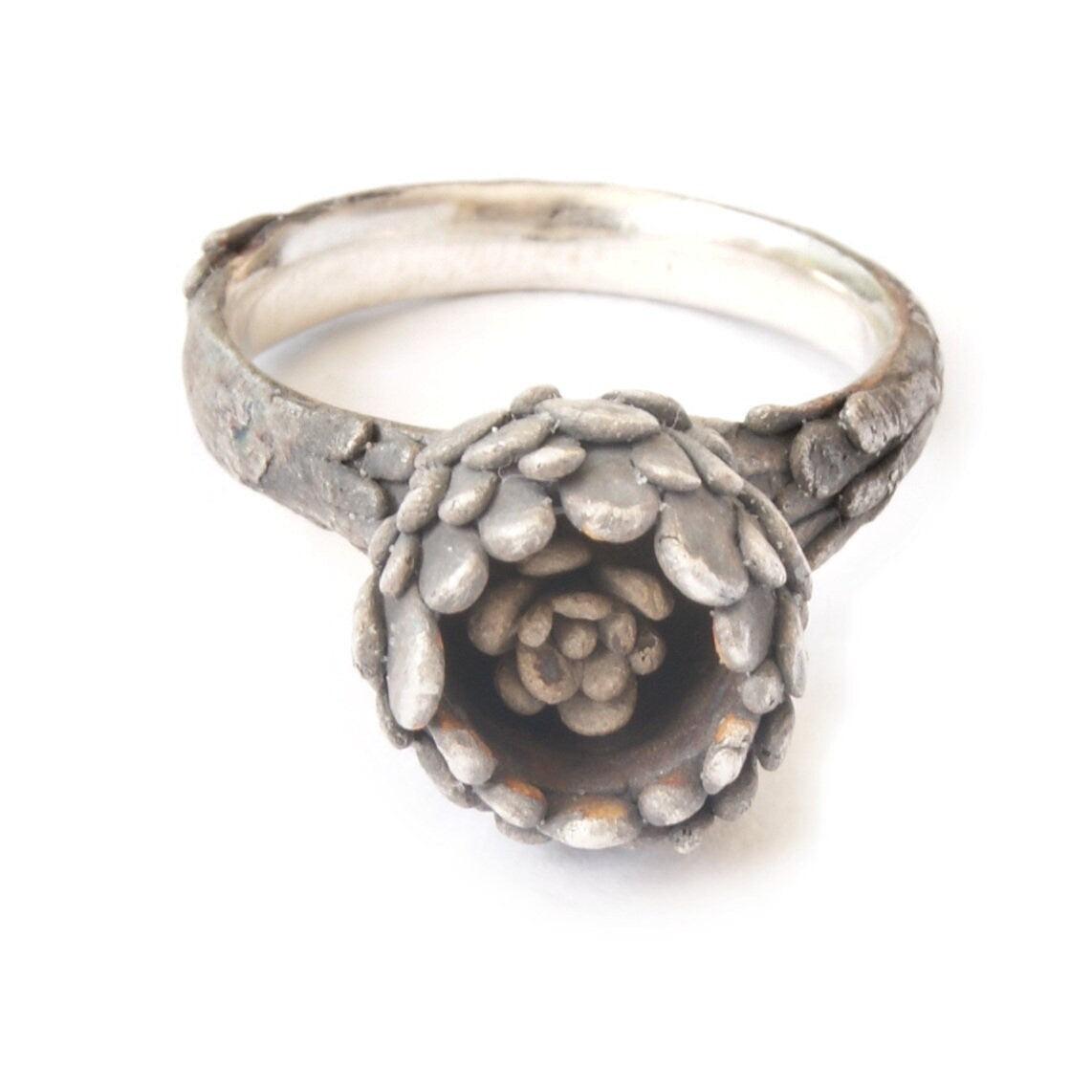 925 Blackened Silver Ring with Hidden Flower | Floral Petal Design | Secret Garden Inspired Ring
