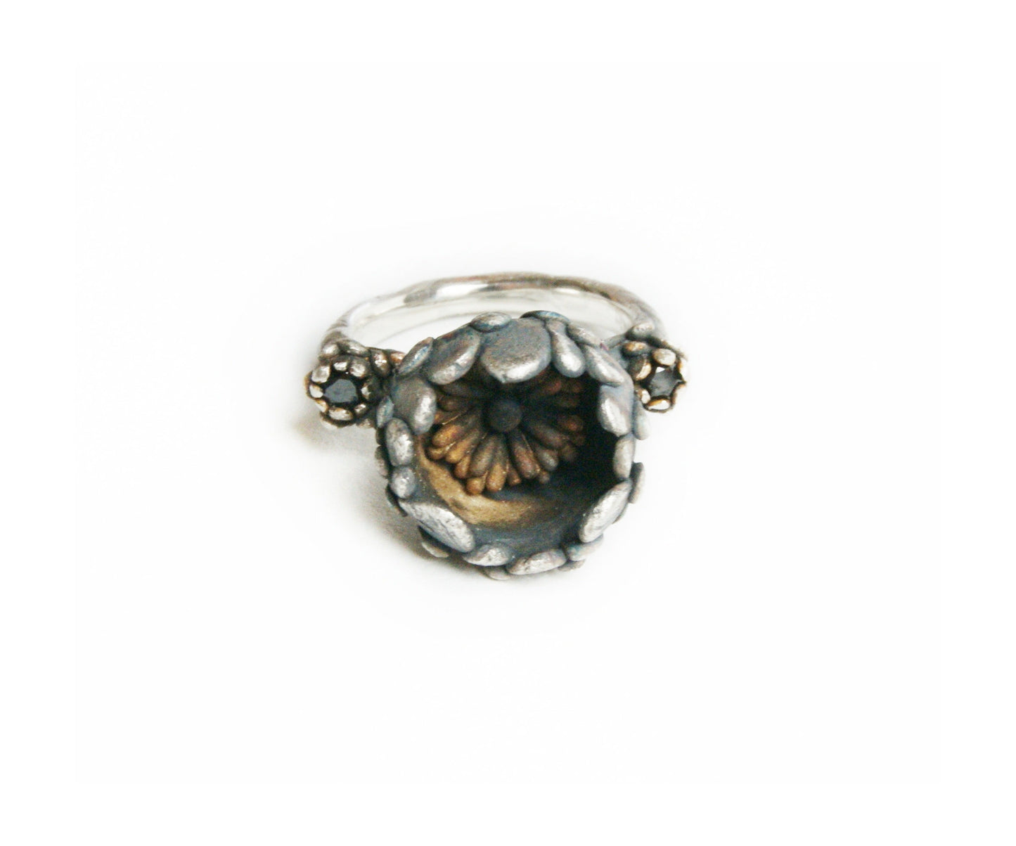 Secret Garden Ring with Black Gemstones | Silver Hidden Flower Jewelry | Nature Inspired Handmade Design