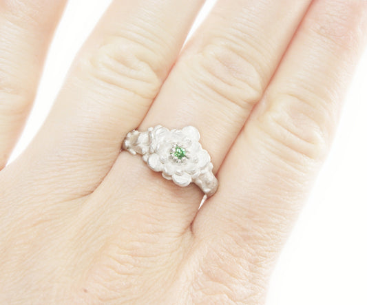 Handmade Flower Ring with Gemstone | Sterling Silver | Gem Nestled in Petals | Petal Band Design