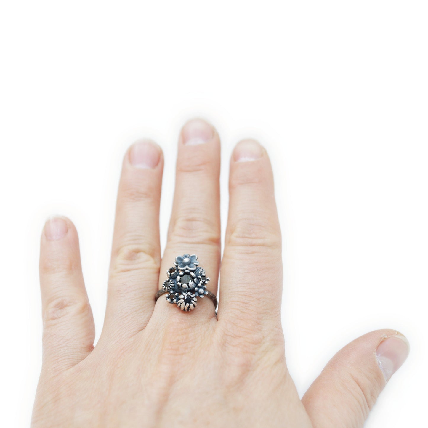 Floral Statement Ring with 6 Black Cubic Zirconia | Petal Setting | Elegant Ring with 9 Flowers