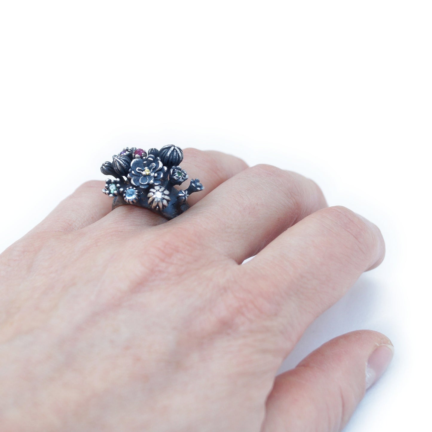 Handmade Colorful Gemstone Floral Statement Ring in Recycled Sterling Silver
