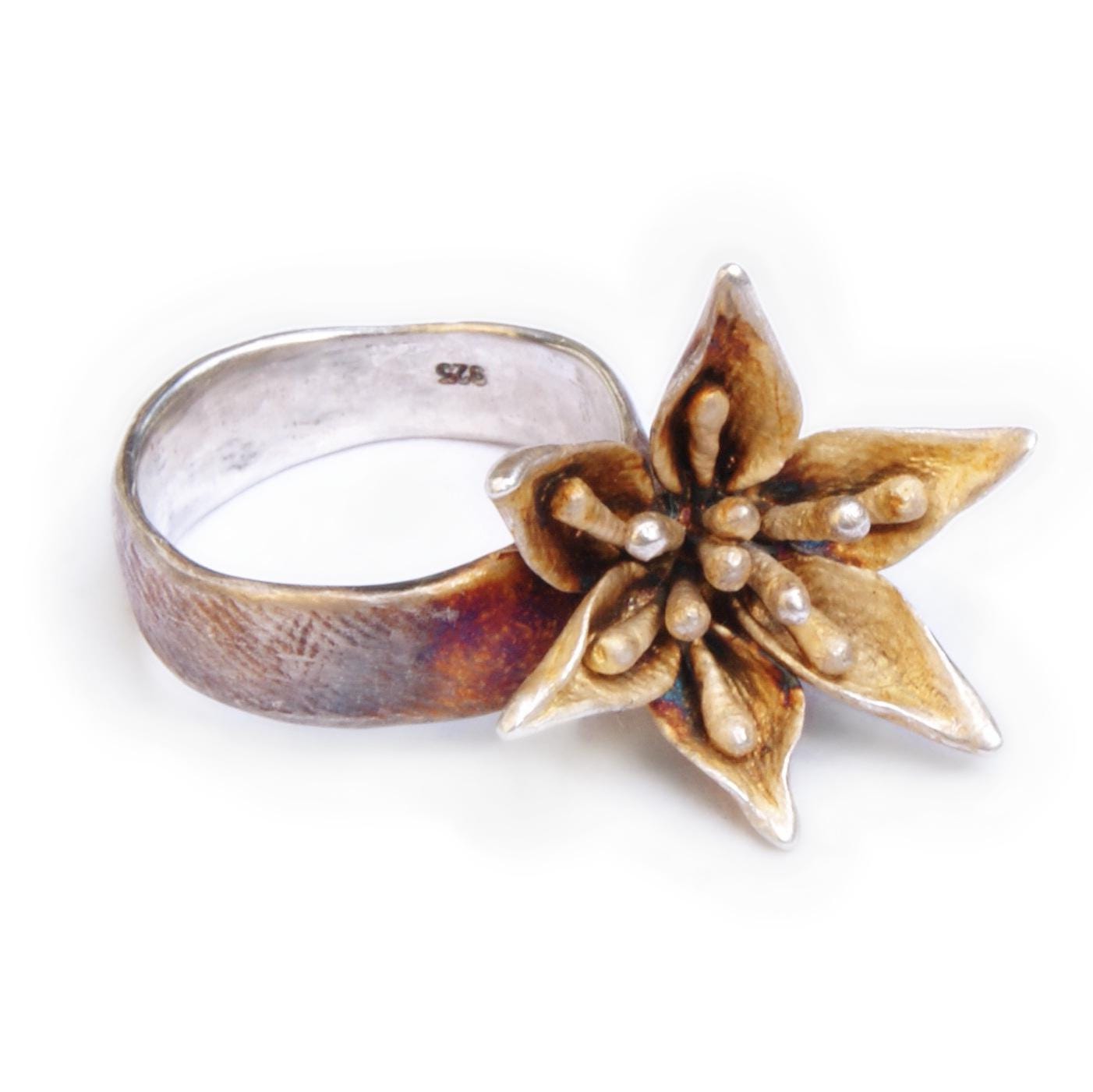 Silver Ring with Large Flower | Unique Bloom Design - Sitting Between Fingers | Assymetrical