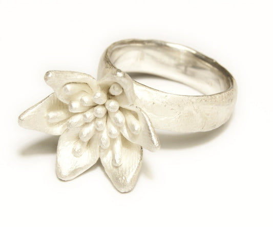 Silver Ring with Large Flower | Unique Bloom Design - Sitting Between Fingers | Assymetrical